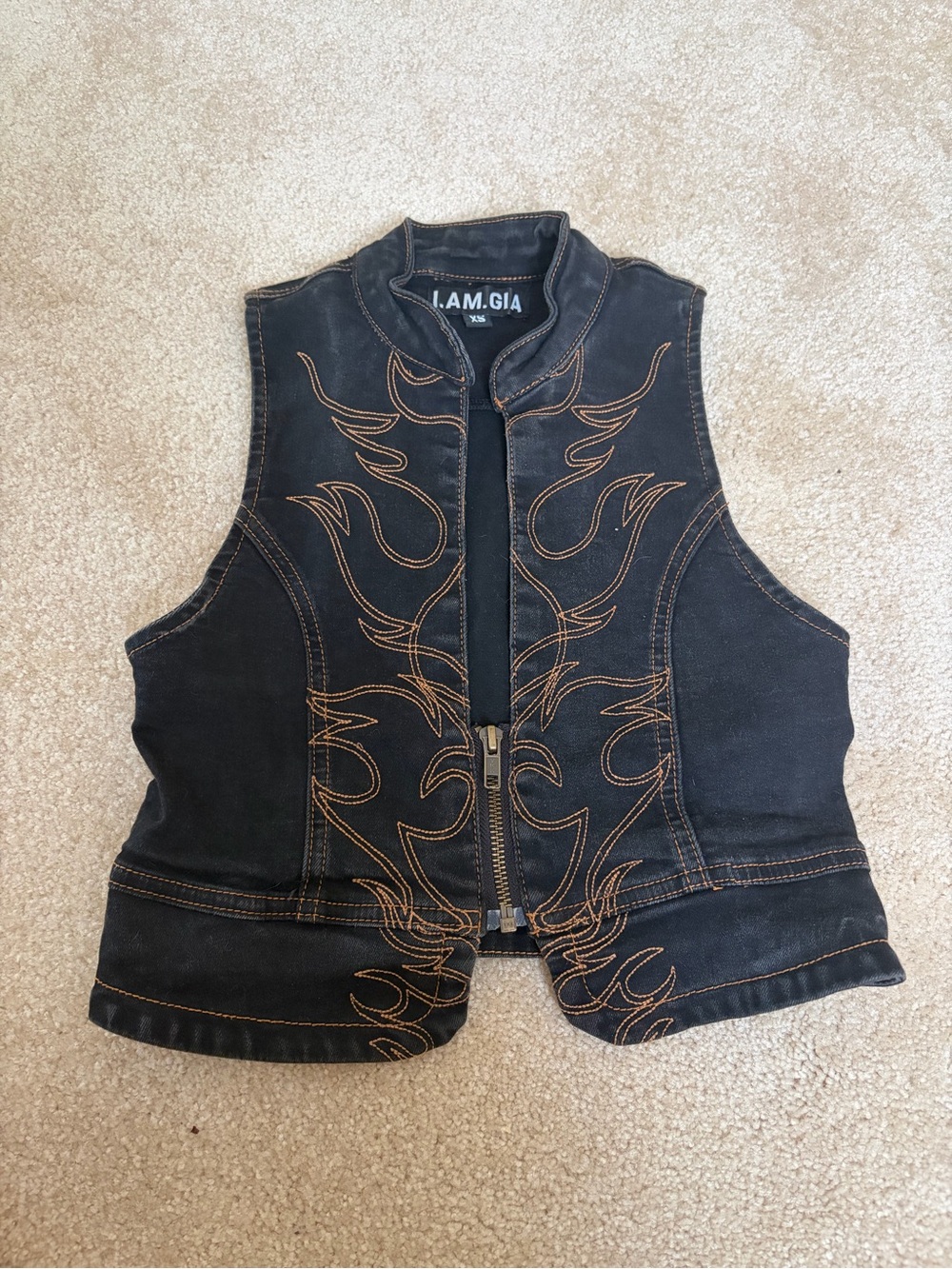 I.AM.GIA Black Denim Vest with Tan Flame Embroidery